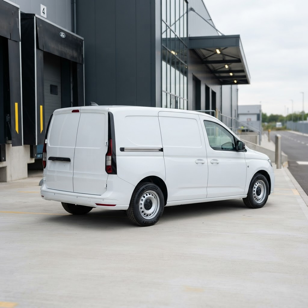 A 2025 Ford Transit Cargo Van shown from a rear three-quarter angle with its cargo doors visible